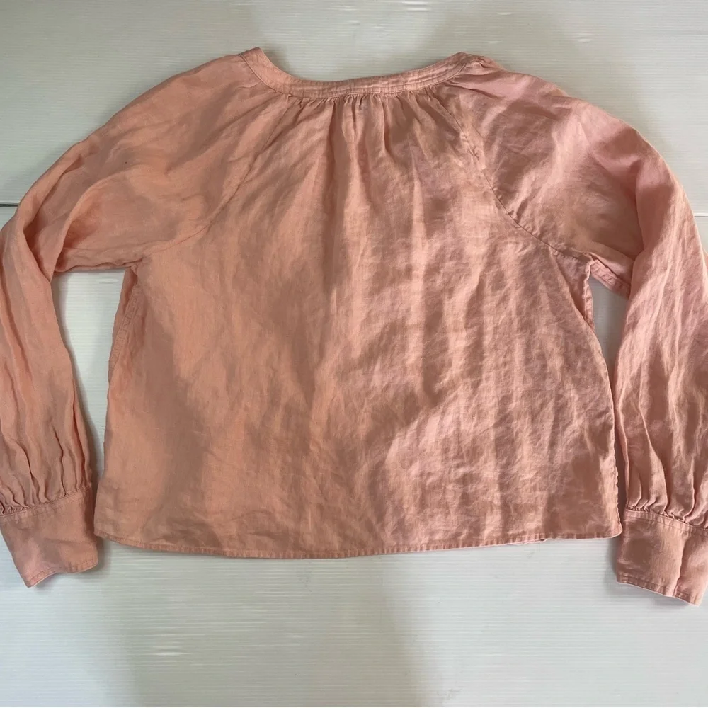 J. Crew Cabana Linen Popover Top Peachy Pink Long Sleeve Size M